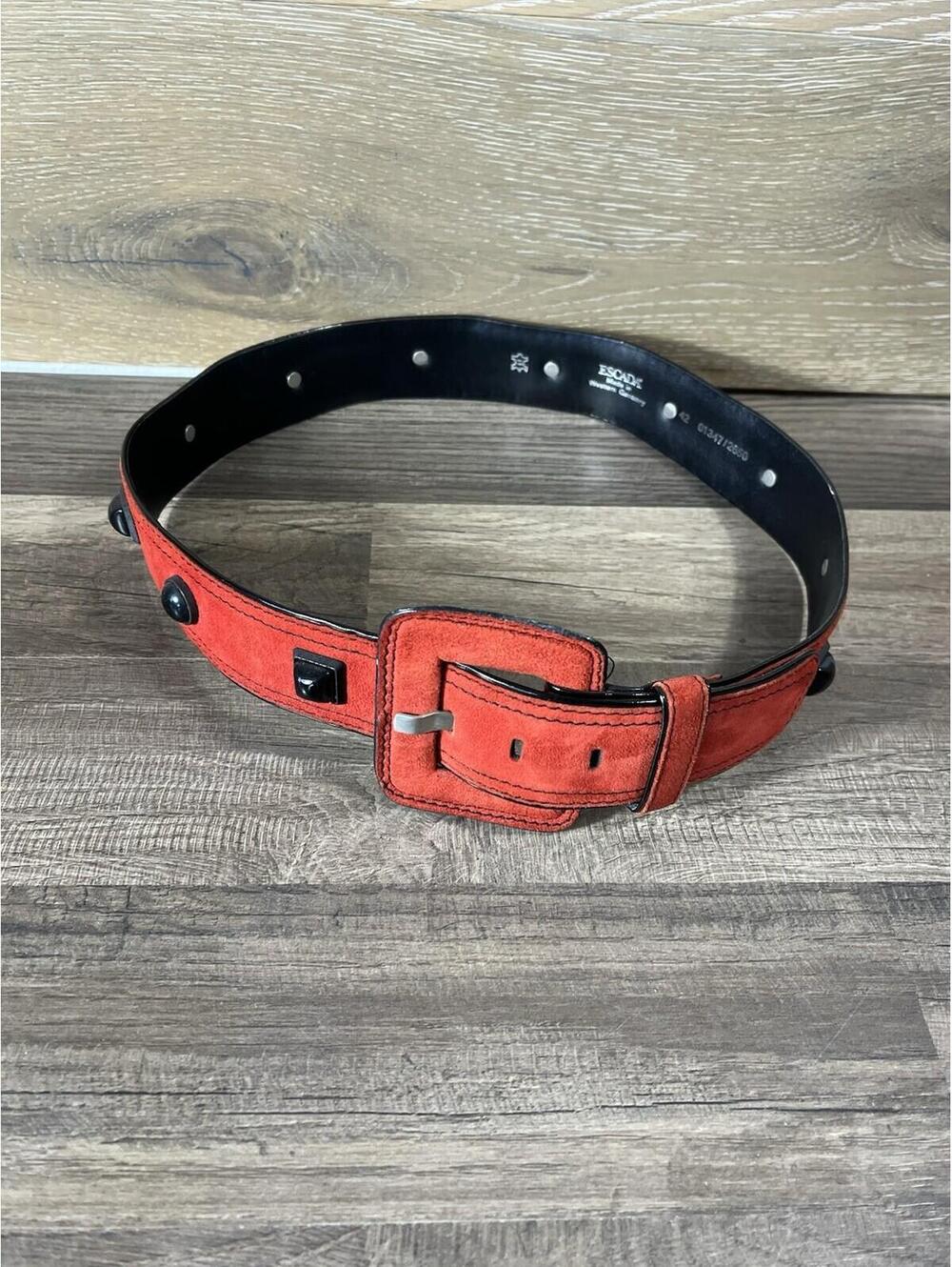 Vintage 80s ESCADA Red Suede Belt w Rhinestones 42- Made In Germany